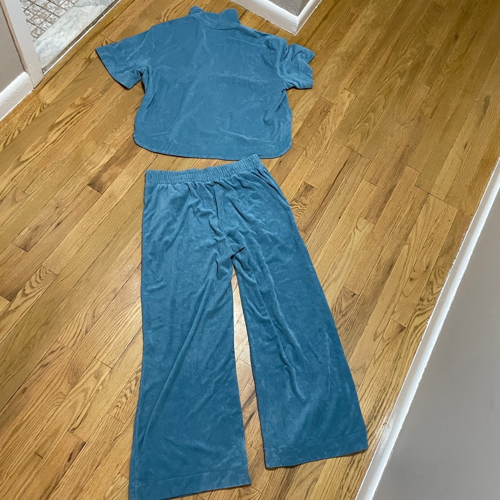 Haven Well Within Women's Lg Blue Terry Cloth Lounge Set Polo Top Wide Leg Pants - Picture 5 of 5